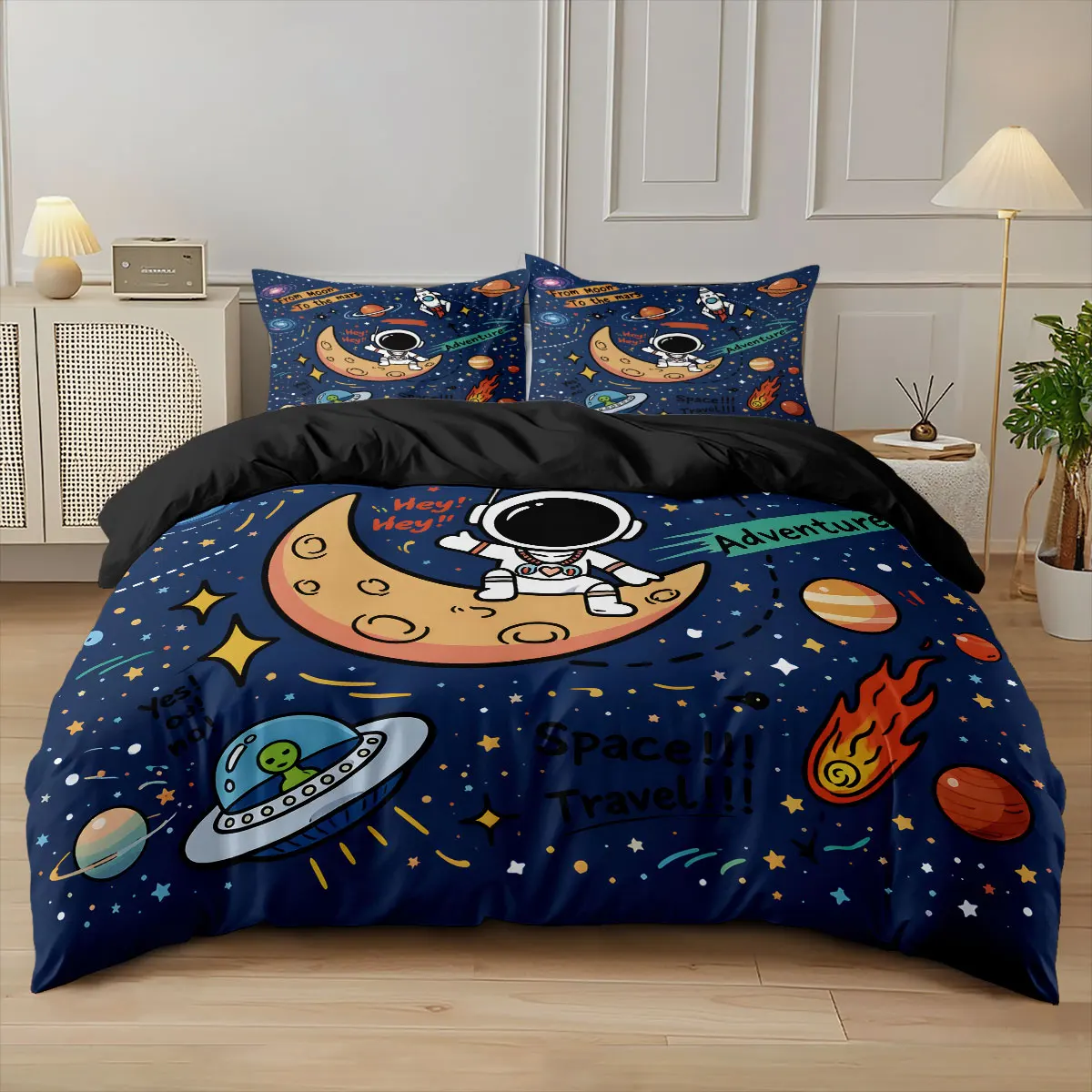 3pcs Cartoon Astronaut Printed Coreless Duvet Cover Set, Multi Size Bedding Decoration, Machine Washable