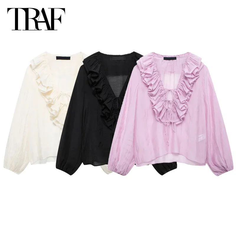 TRAF Ruffled Shirts&Blouses 2024 Summer Autumn Women\'s Elegant Butterfly Pleated Shirt Ladies Fashion Casual Long Sleeve Blouses