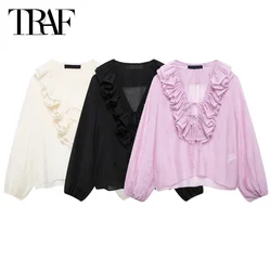 TRAF Ruffled Shirts&Blouses 2024 Summer Autumn Women's Elegant Butterfly Pleated Shirt Ladies Fashion Casual Long Sleeve Blouses