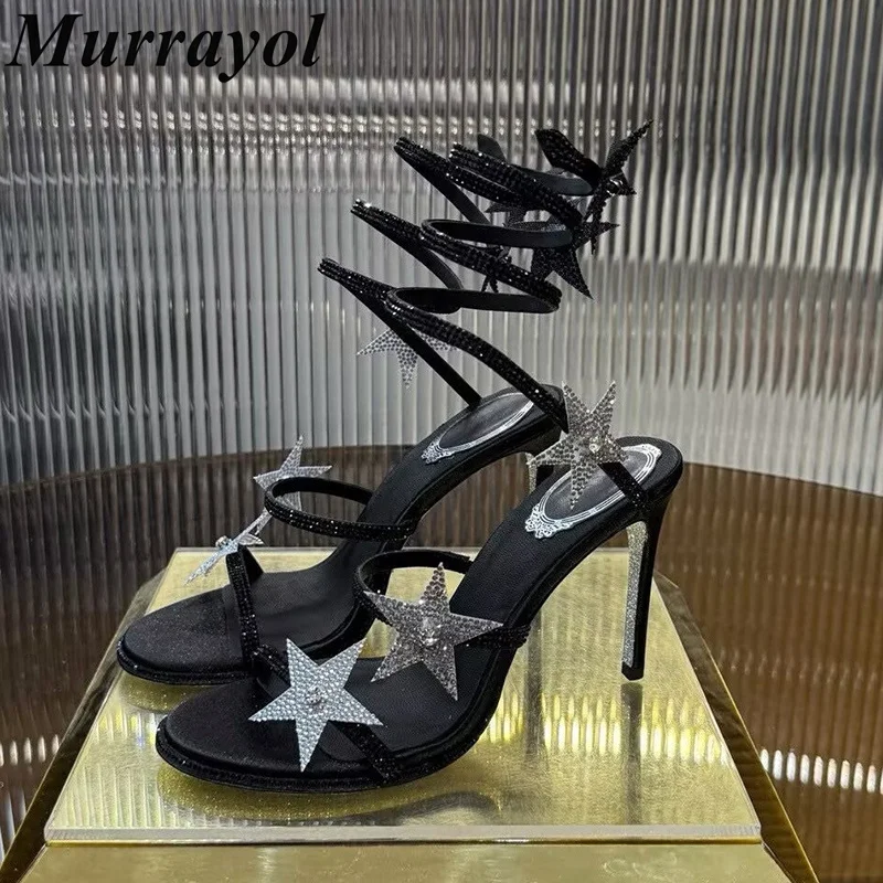 Thin High Heels Gladiator Sandals Women Real Leather Rhinestone Decor Ankle Snake Twine Around Sandalias Sexu Party Fairy Shoes