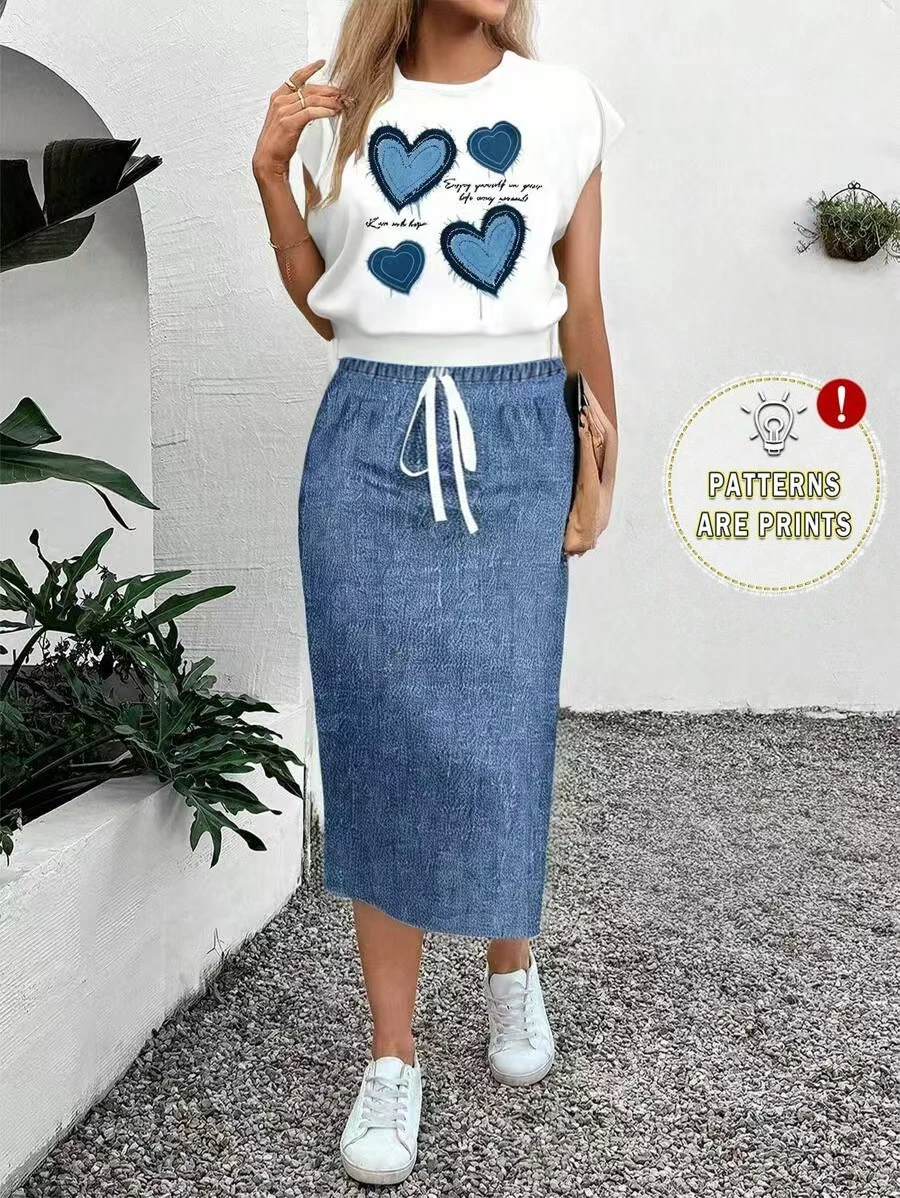Women's Elegant Heart-Shaped T-Shirt + Fashionable Faux Denim Skirt Set