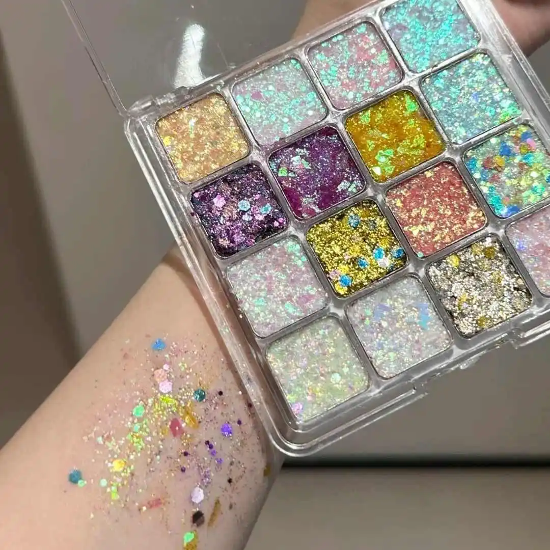 Palette di ombretti scintillanti a 16 colori, paillettes esagonali, glitter, zucca/viola/ciliegia/blu/oro, trucco per spettacoli di feste per ragazza