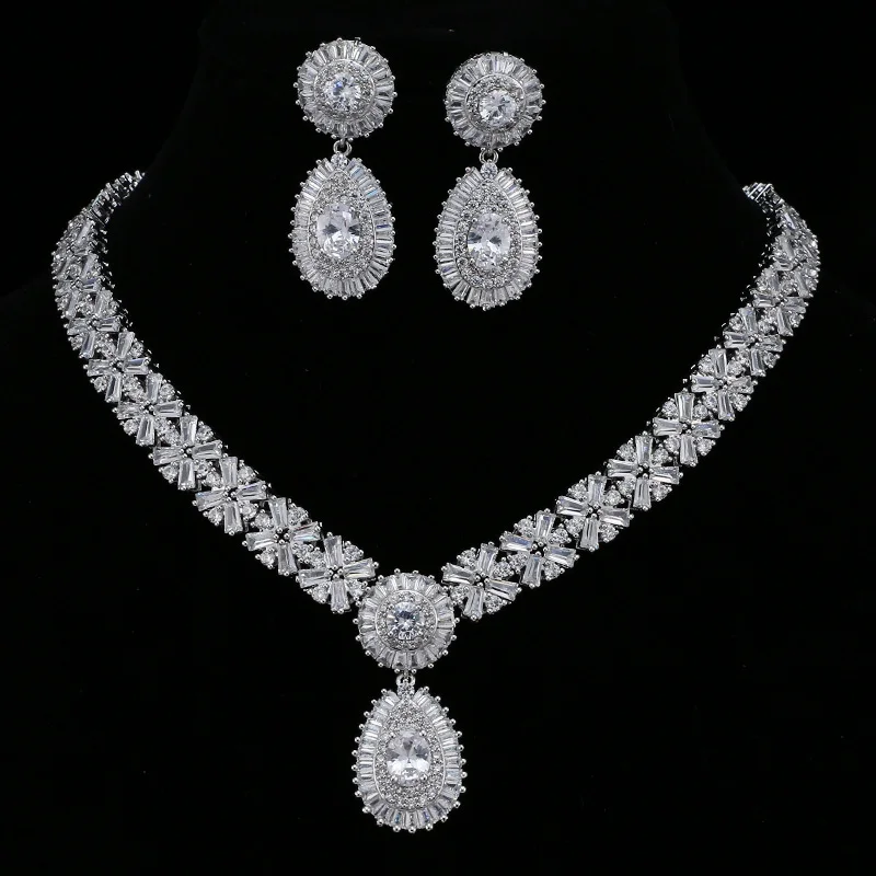 

Minimal Stylish Round Wax Inlaid Zircon Bridal Necklace Earring Set, Wedding Matching Jewelry Bulk Wholesale