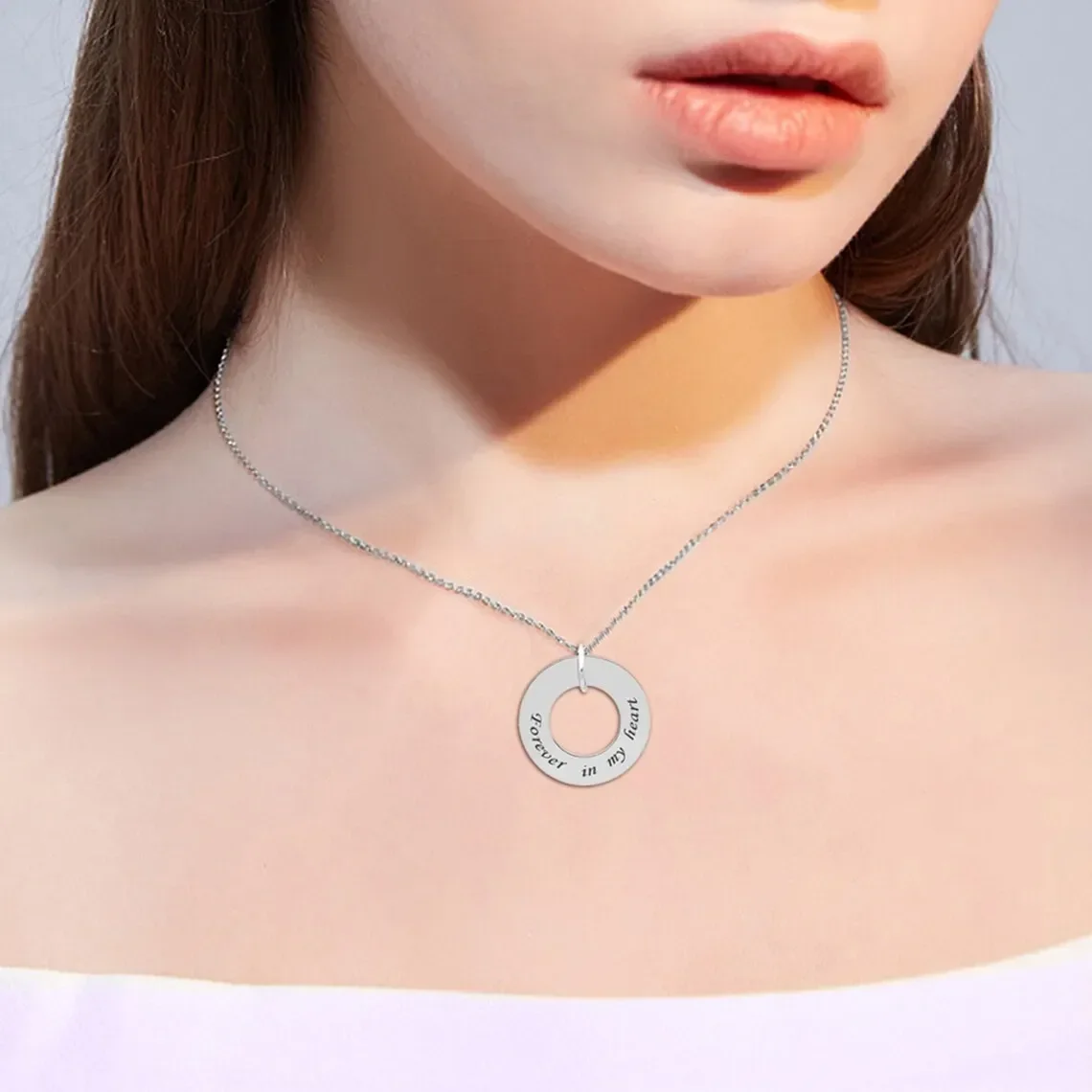 Custom Personalized Name Text Date Necklace Engraving Words Stainless Steel Circle Round Pendant Washer Gift for Mothers Day