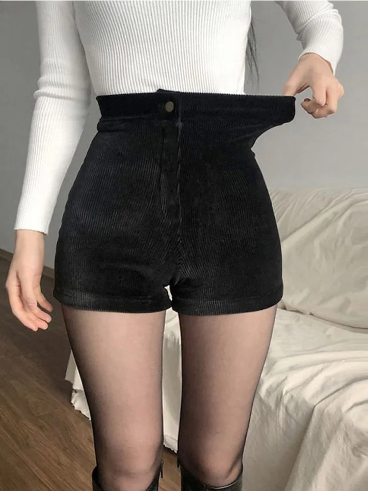 Women's Black Goth Pants Shorts High Waist Spring Autumn Fashion Tight Sexy Stretch Y2K Corduroy Female Casual Pants