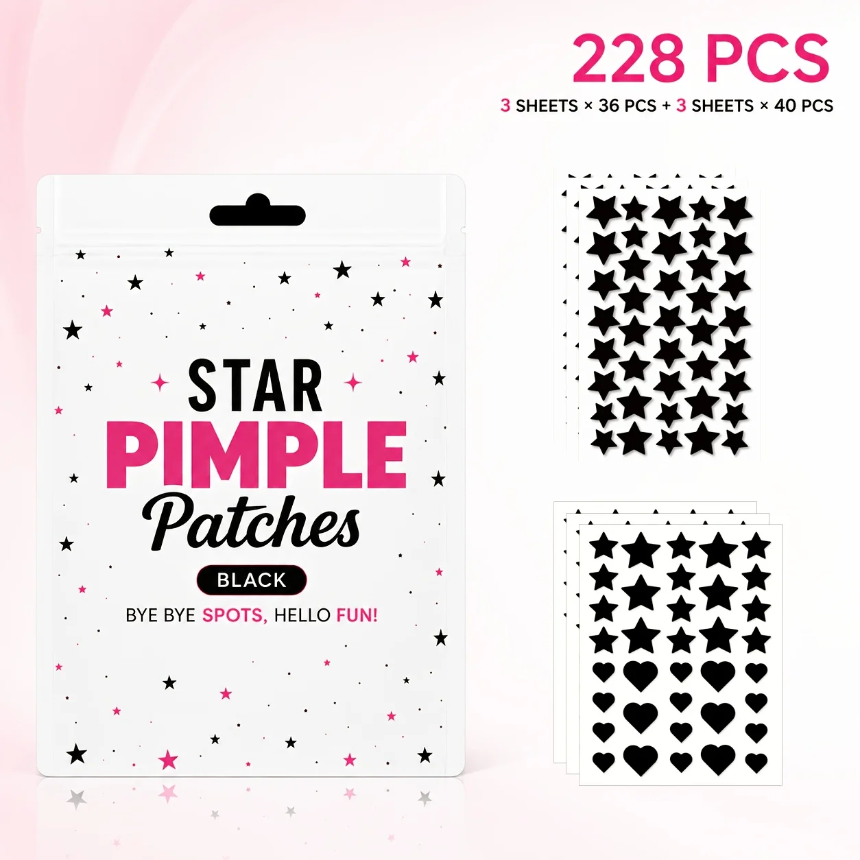 228PCS Black Star & Heart Face Stickers, Transparent Cute Pimple Patches, 2 Sizes 2 Shapes Decorative Facial Patches