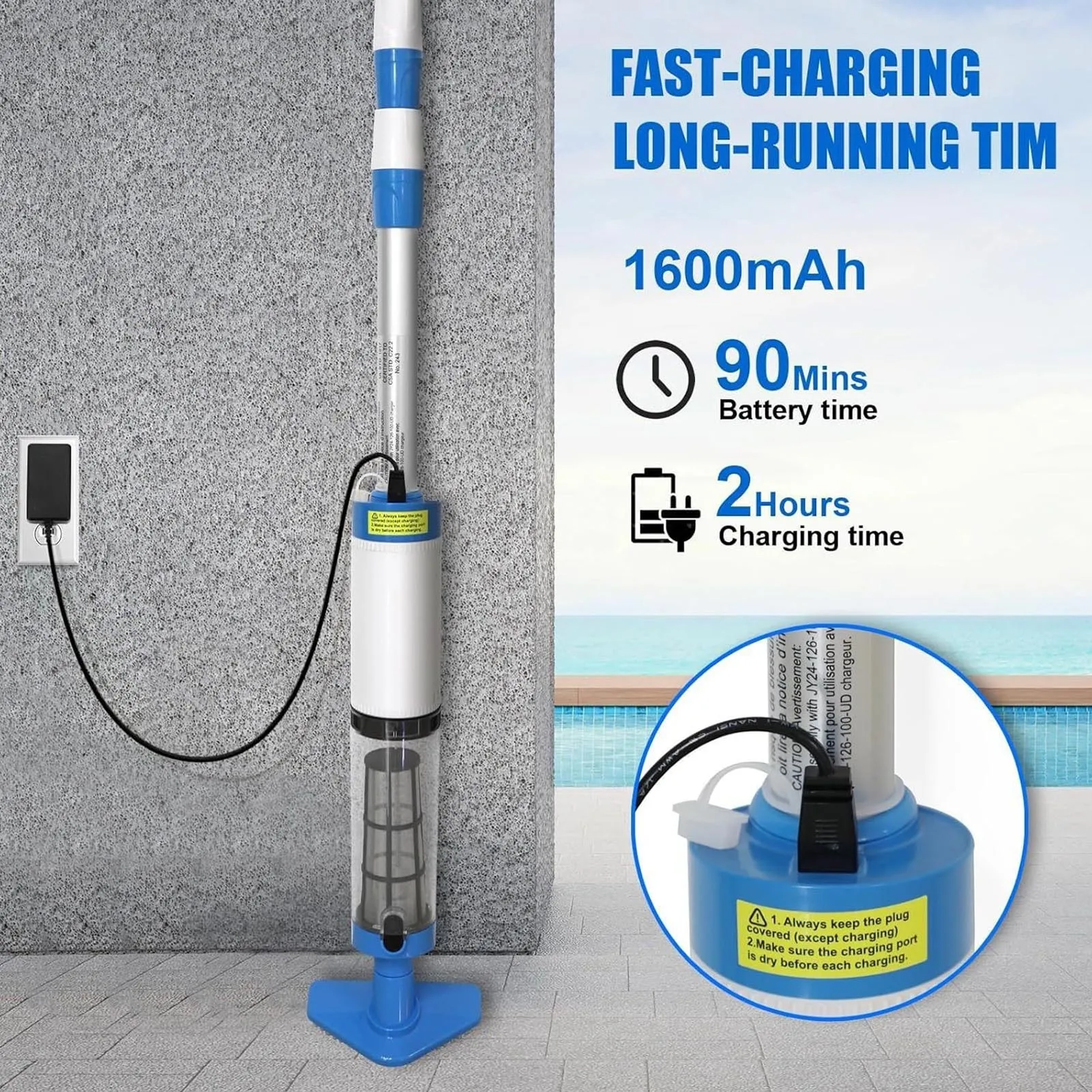 

3 in 1 Pool Vacuum Strong Suction Energy Saving Efficient Rechargeable Pool Cleaner Fast Cleaning with Adapter for Fish Pools