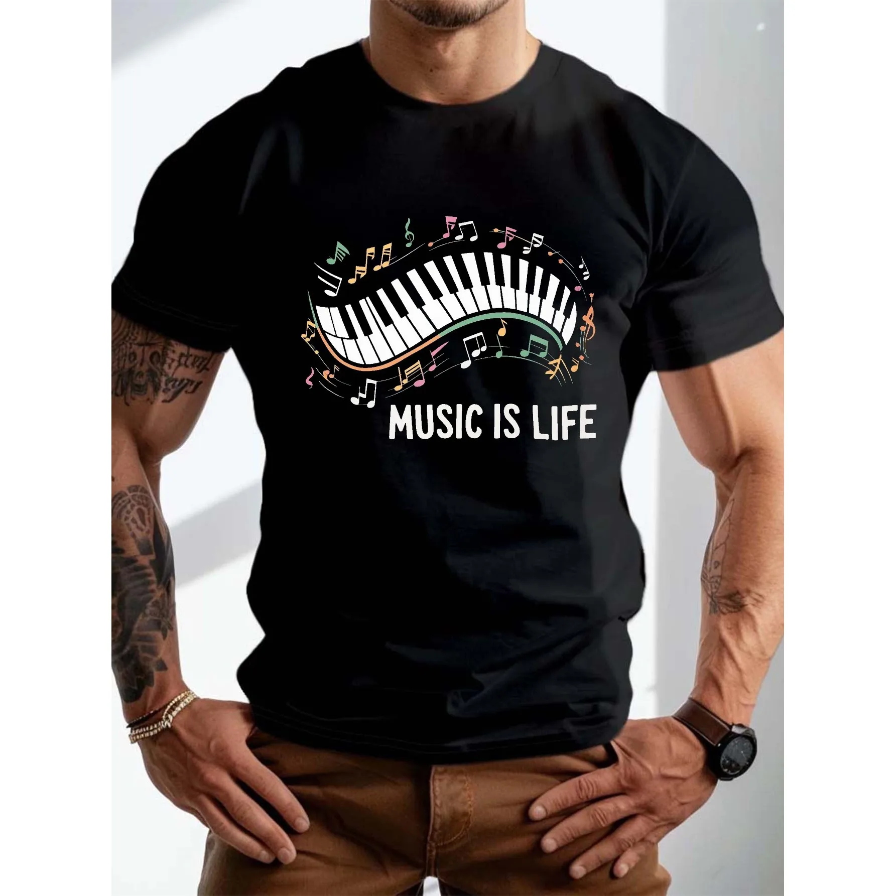 Music Keyboard Life Graphic Tee Men's Casual Round Neck Short Sleeve Cotton T-Shirt