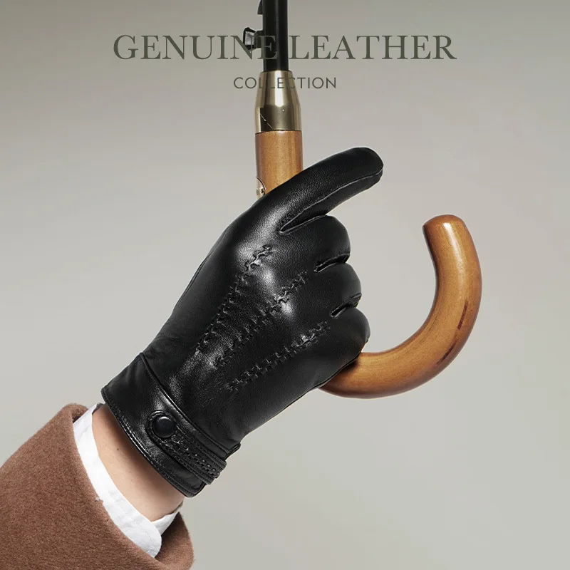 Men's Top Layer Sheepskin Genuine Leather Gloves Fleece Lined Warm Wind Cold Resistant For Business Driving Riding Autumn Winter