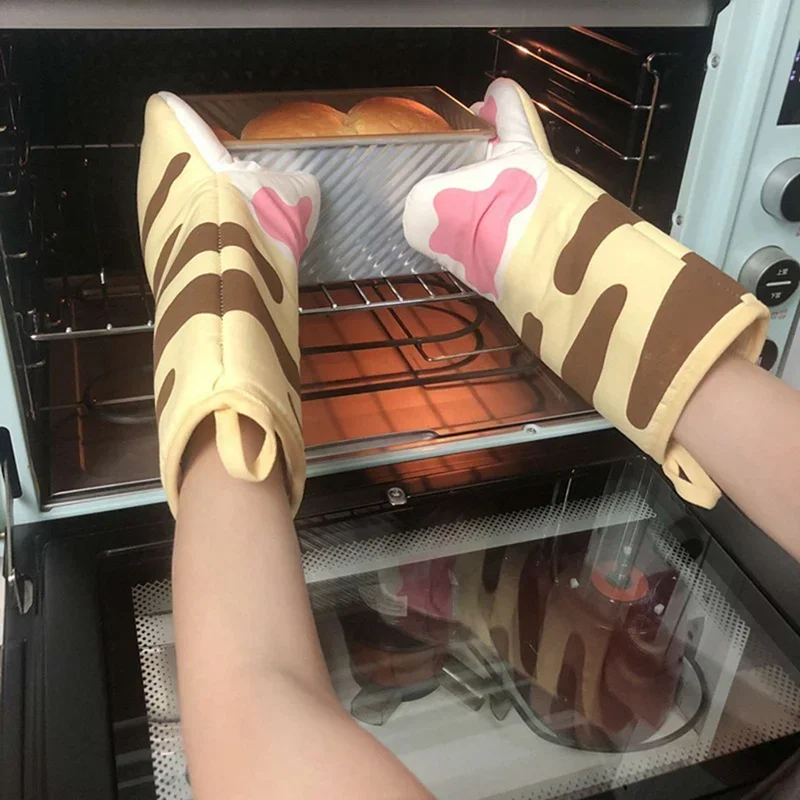 Non-slip Kitchen Gloves Cartoon Cat Paws Oven Mitts Long Cotton Baking Insulation Gloves Microwave Heat Resistant