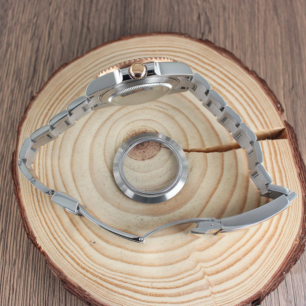 40mm Women's NH35 SUB Rose Gold Watch Case Sapphire Glass for Seiko NH35 NH36 NH38 8215 2824 PT5000 Sliding Lock Watch Bracelet