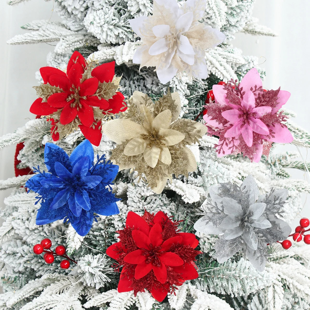 Weihnachts-Glitzer-Kunstblumen, Weihnachtsdekoration für Zuhause, 2025, gefälschte Blume, Weihnachtsschmuck, Navidad, Natal, Neujahrsgeschenk 2026