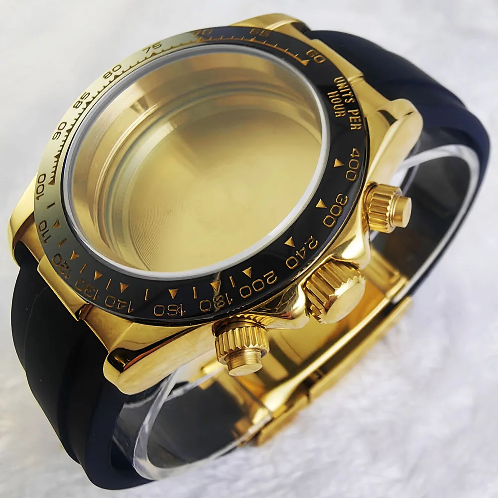 Caja de acero inoxidable dorada para reloj de 39,3 MM, hebilla deslizante dorada de goma suave negra para piezas de montaje de reloj de movimiento vk63