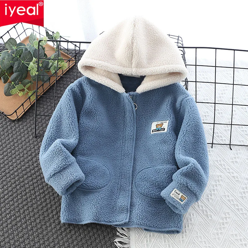 

IYEAL детская весенняя ветровка средней длины, флисовый кардиган с капюшоном, осенне-зимний теплый флисовый теплый топ с толстым капюшоном