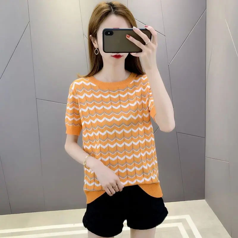 

Fashion Printed O-Neck Spliced Hollow Out Striped Blouse Female Clothing 2023 Summer New Casual Pullovers Office Lady Shirt