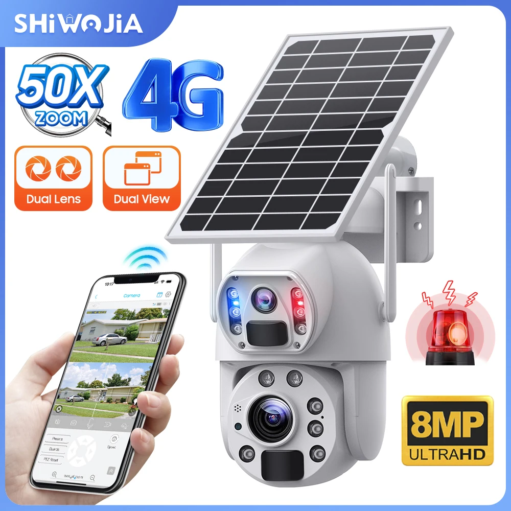 SHIWOJIA 4G Solar Camera 4K 8MP 50X Zoom Dual Lens Wireless Outdoor IP Camera 360° Solar Battery Powered 12000mA