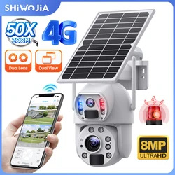 SHIWOJIA 4G Solar Camera 4K 8MP 50X Zoom Dual Lens Wireless Outdoor IP Camera 360° Solar Battery Powered 12000mA