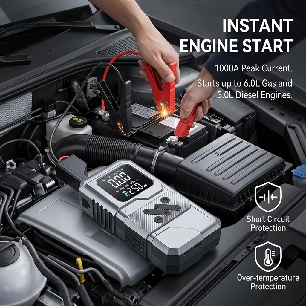 Avviatore di emergenza per auto, dispositivo di avviamento di emergenza per auto di grande power bank per batteria per auto, pompa d'aria per auto, pompa d'aria