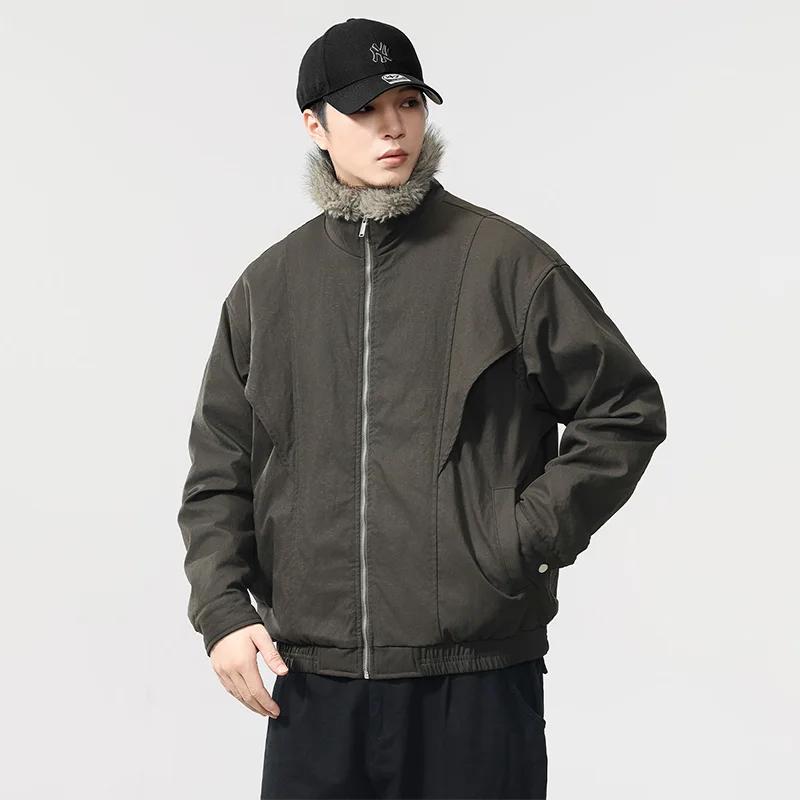

Winter Cotton-padded Fur Collar Cargo Jacket Men Fashion Vintage Loose Casual Warm Bomber Jacket Plus Size Streetwear Thick Coat