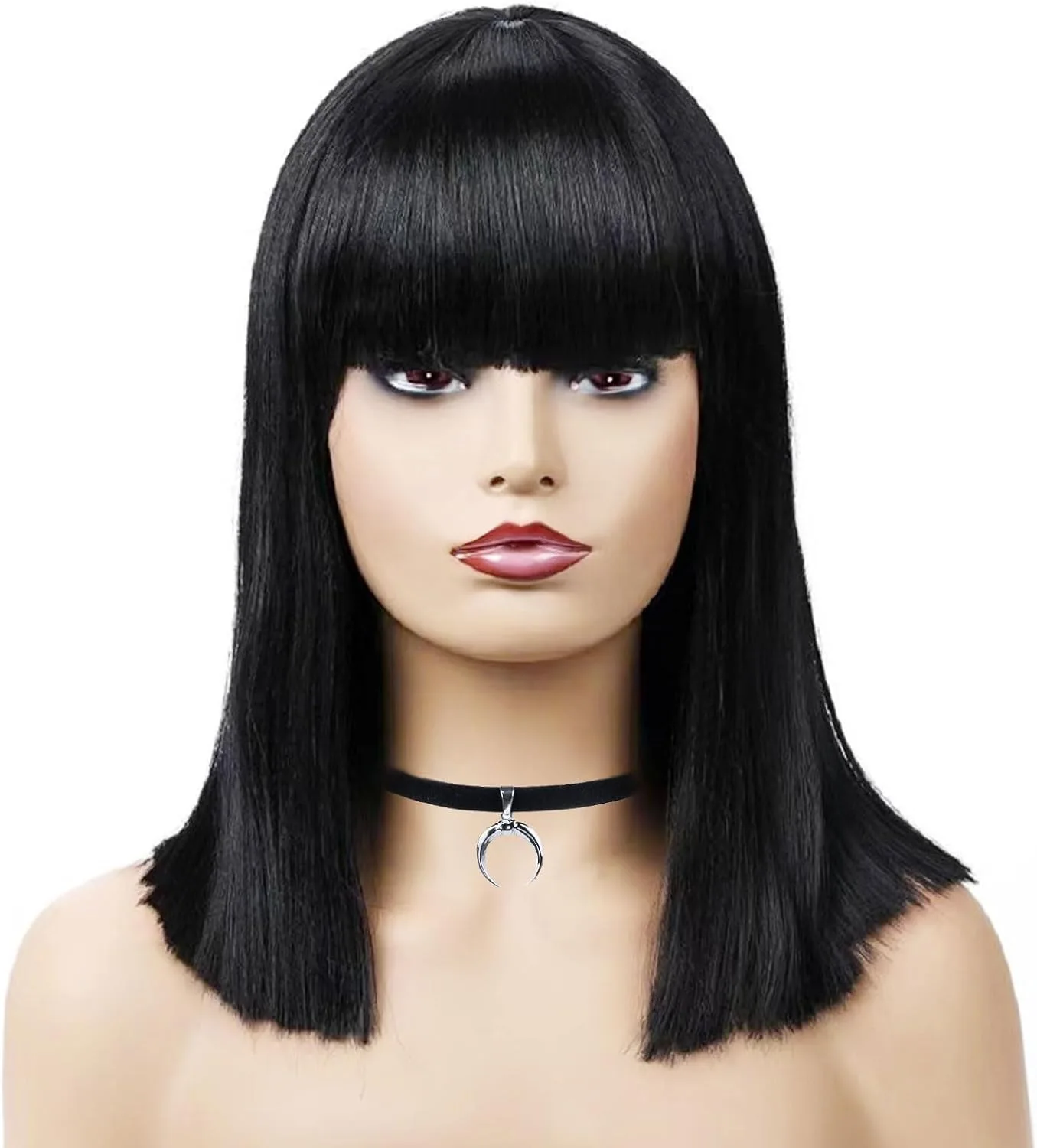 

Straight Black Wig with Hair Bangs Straight Bob Flat Bangs Short Synthetic Hair