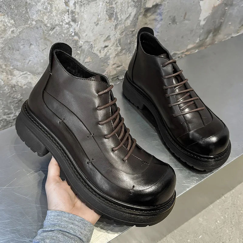 

Platform Sole Handmade Custom Retro Chunky Loafer Shoes Men's Brown Soft Leather Derby Shoes Fashion Versatile Increased Height