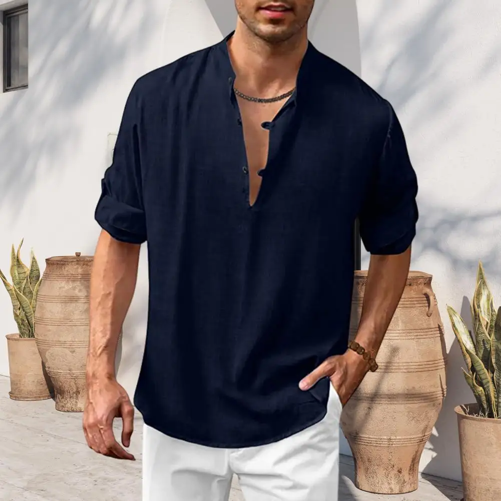 

Casual Men Long-sleeved Shirt Vintage V Neck Men's Summer T-shirt with Long Sleeves Soft Breathable Fabric Loose Fit for Sports