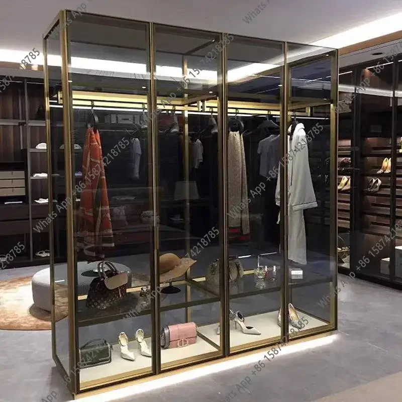 

Aluminum alloy light luxury tempered glass wardrobe modern simple L-shaped corner open cloakroom wardrobe o