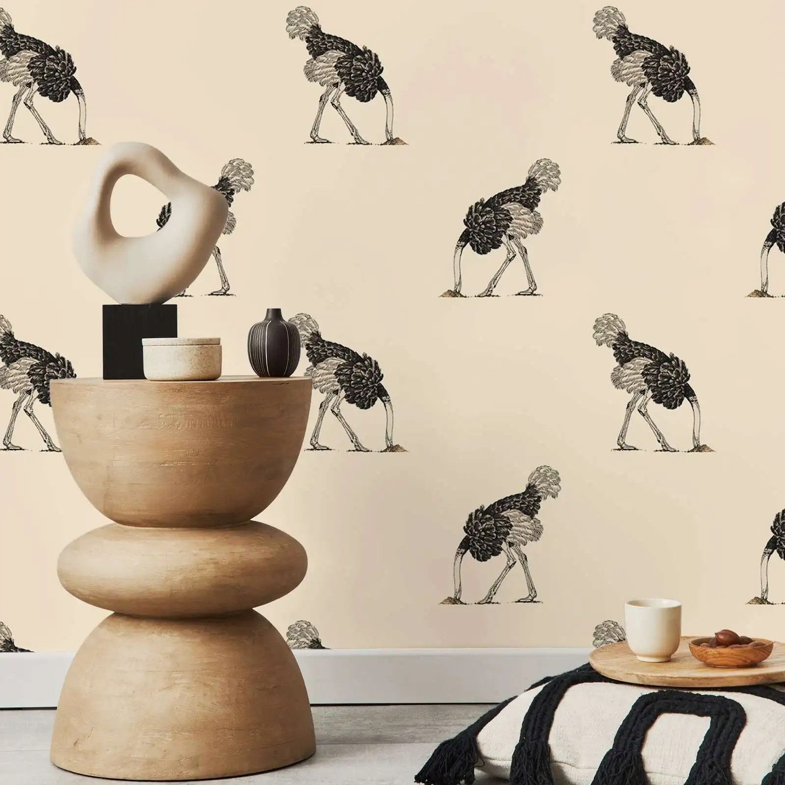 Removable Animal Wallpaper Peel And Stick,Traditional Non-woven Wall Mural For Living Room,Black Ostrich Wall Decor,50cm*300cm