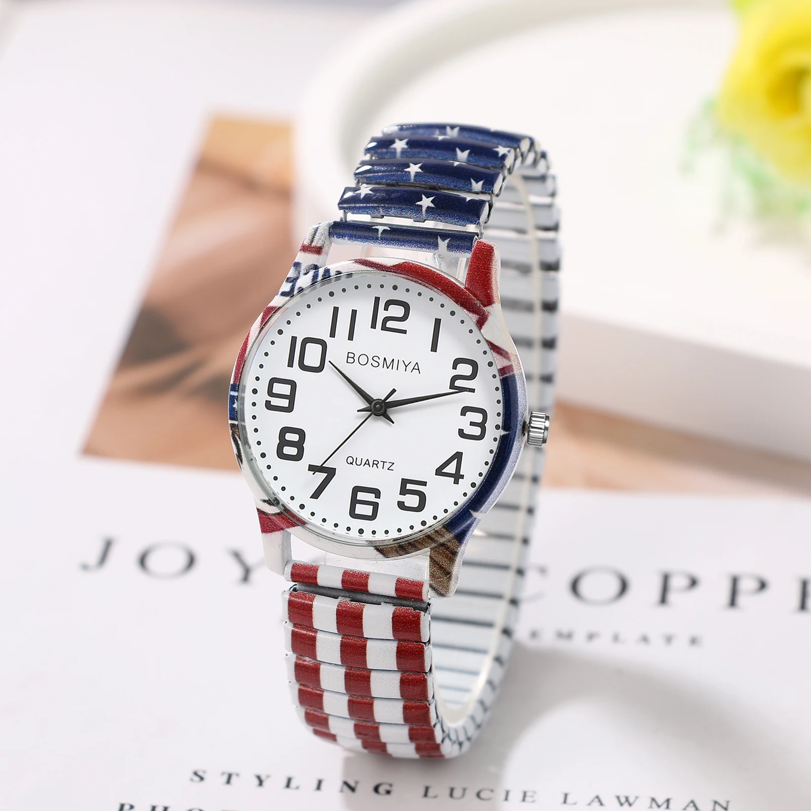 

American flag elastic watch, men's and women's analog quartz wristwatch, high-definition Arabic numeral dial, elastic strap, easy to wear, 250th anniversary of Independence Day watch