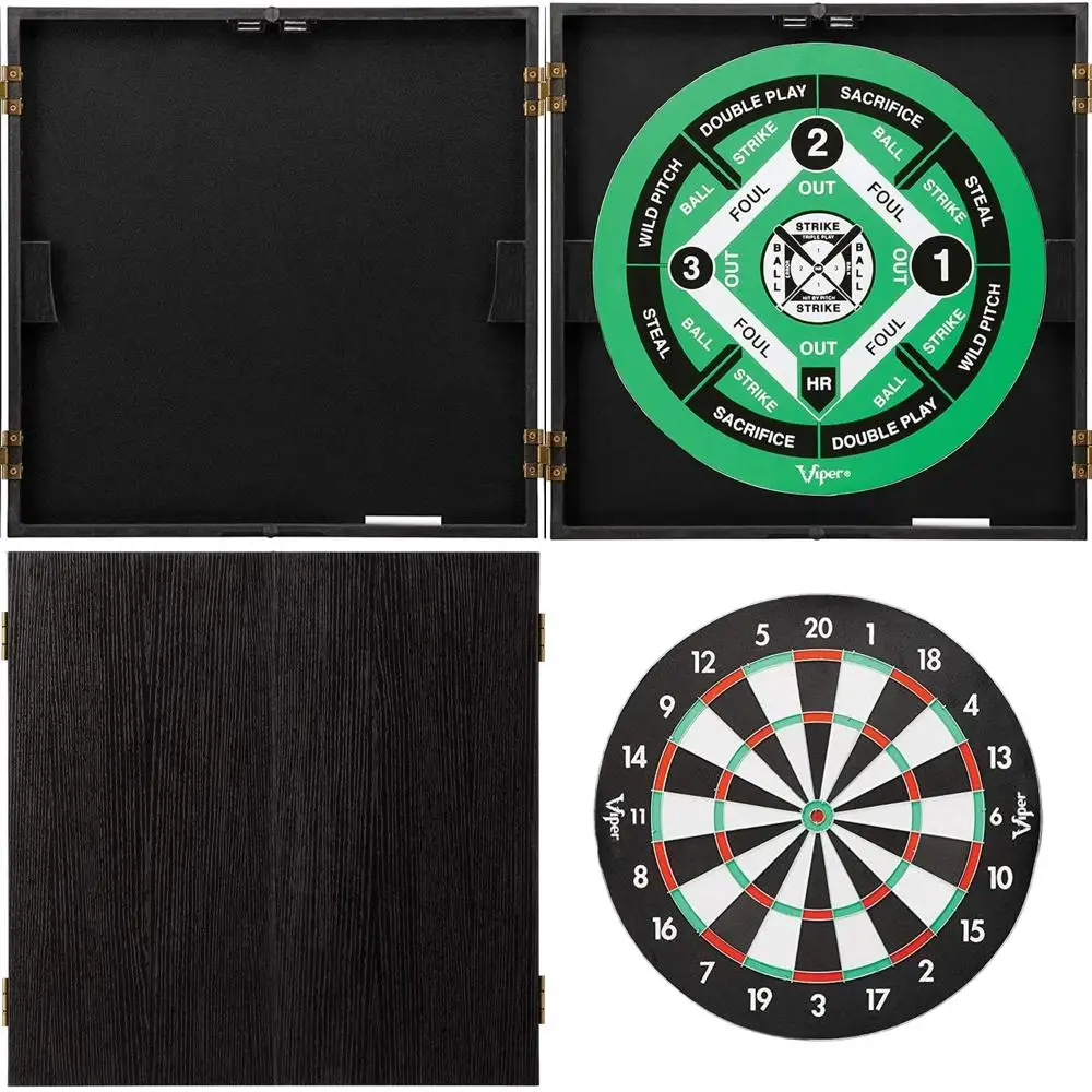 

Reversible Steel-Tip Dartboard Cabinet with Baseball Option, 2 Dart Sets, Chalkboards, Matte Black