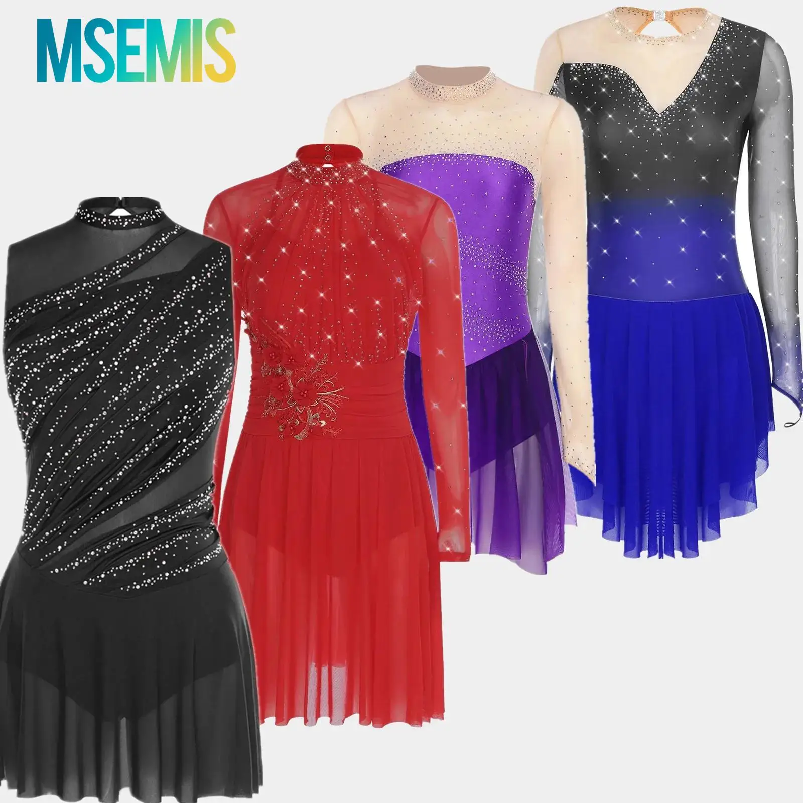 

Women Ruched Gymnastics Artistic Figure Skating Ballet Dance Dress Rhinestone Lyrical Dancing Outfit Stage Performance Costume