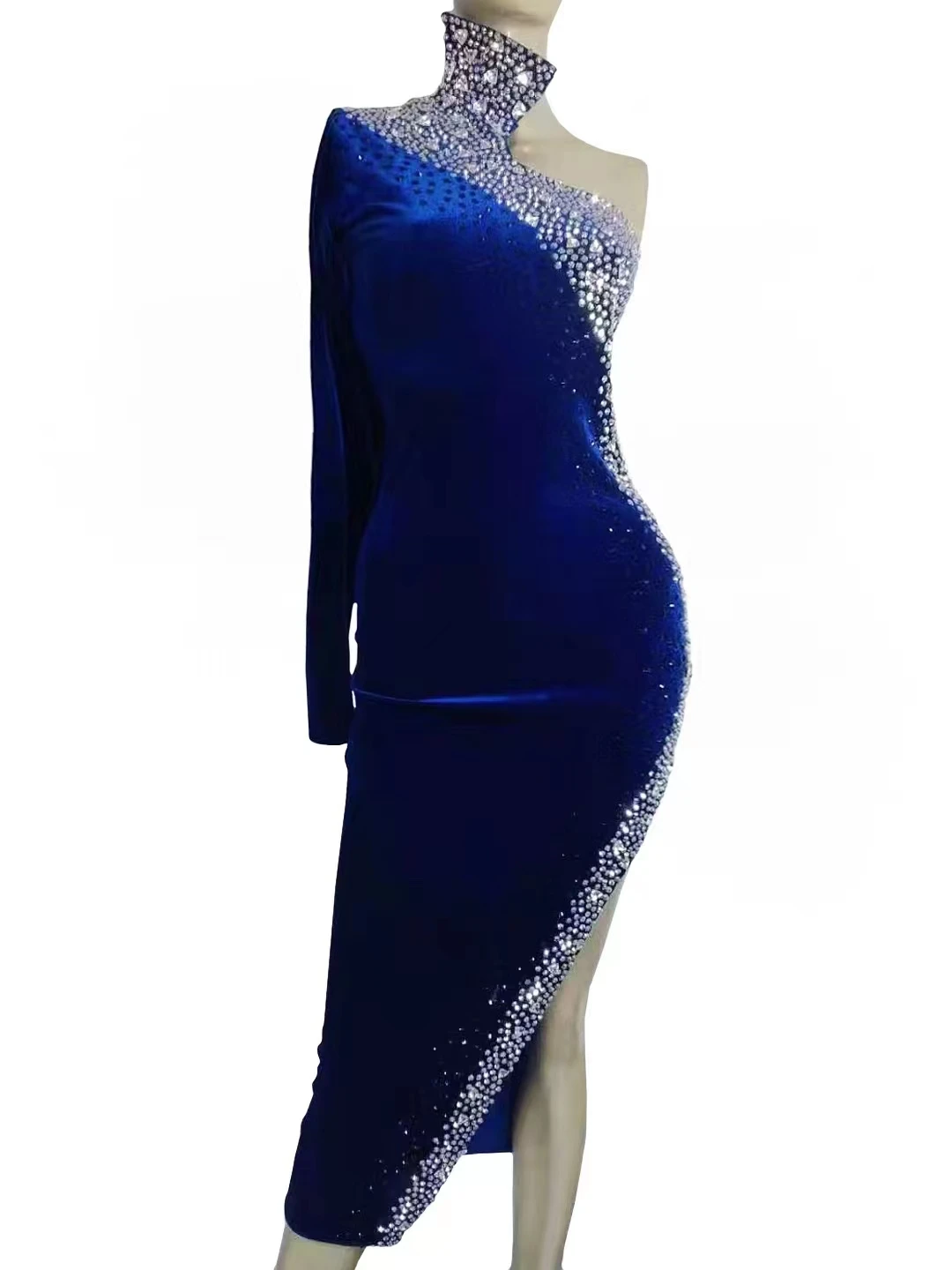 Vestido latino de un solo hombro con diamantes de imitación negros para mujer, bailarina, cantante, espectáculo, fiesta de graduación, traje reflectante novedoso A054