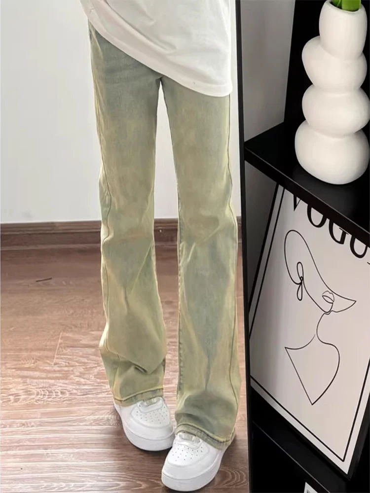 

Мужские джинсы грязевого цвета в американском стиле ретро, летние трендовые утягивающие брюки с эластичной резинкой и высокой талией, молодежная повседневная одежда, прямые джинсы