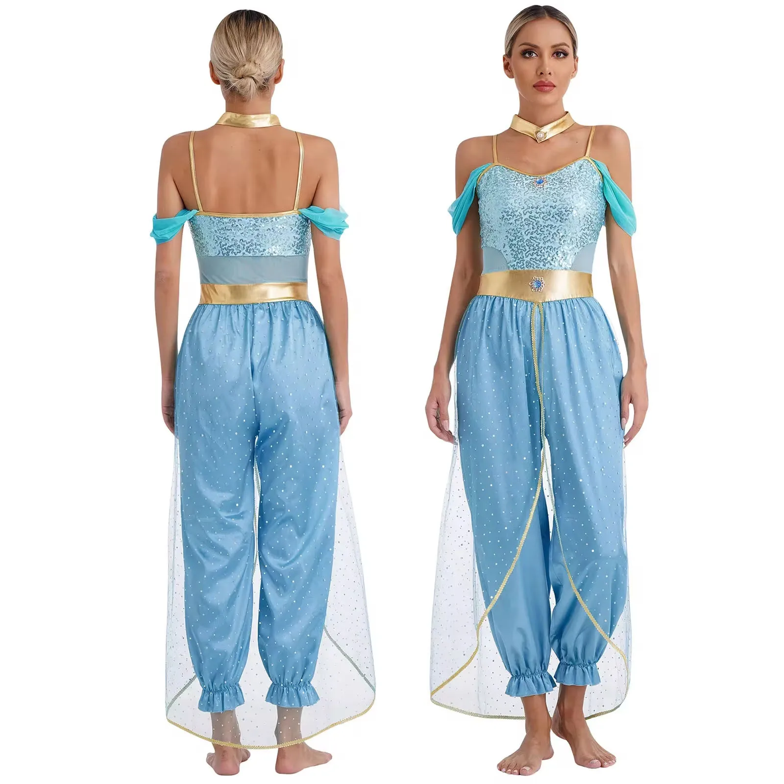 

Womens Shiny Sequin Belly Dance Jumpsuit Halloween Arabic Arabian Princess Cosplay Party Costume Tulle Overlay Romper Bodysuit