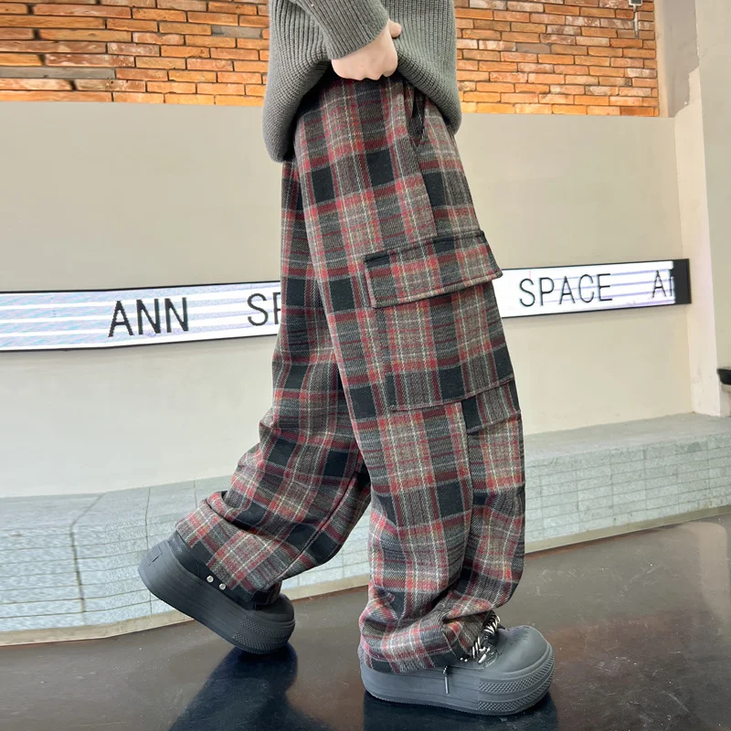 Child Winter Plaid Cargo Thermal Pants With Pocket for Teenage Boy Loose Casual Insulated Trousers Kids Fleece-Lined Sweatpants image 4