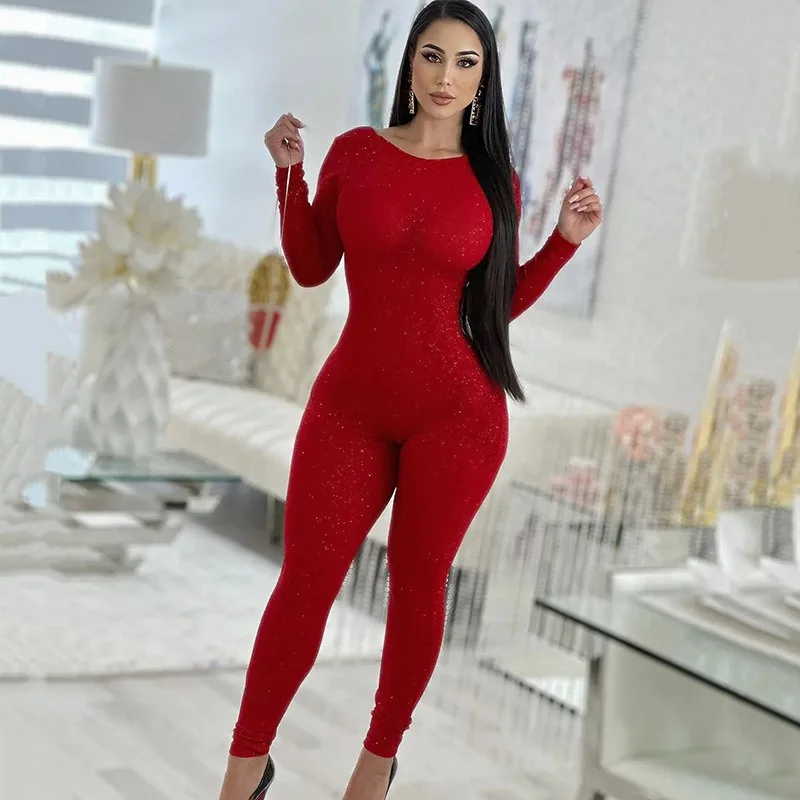 Jumpsuit tanpa punggung sutra cerah untuk Wanita Mode musim gugur 2023 Romper legging ketat lengan panjang overall pesta seksi klub malam