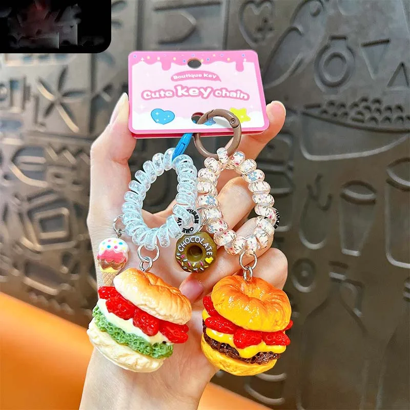 Creative Resin Imitation Beetroon Burger Keychain Exquisite Telephone Cord Beaded Doughnut Backpack Accessory Car Pendant Keyfob