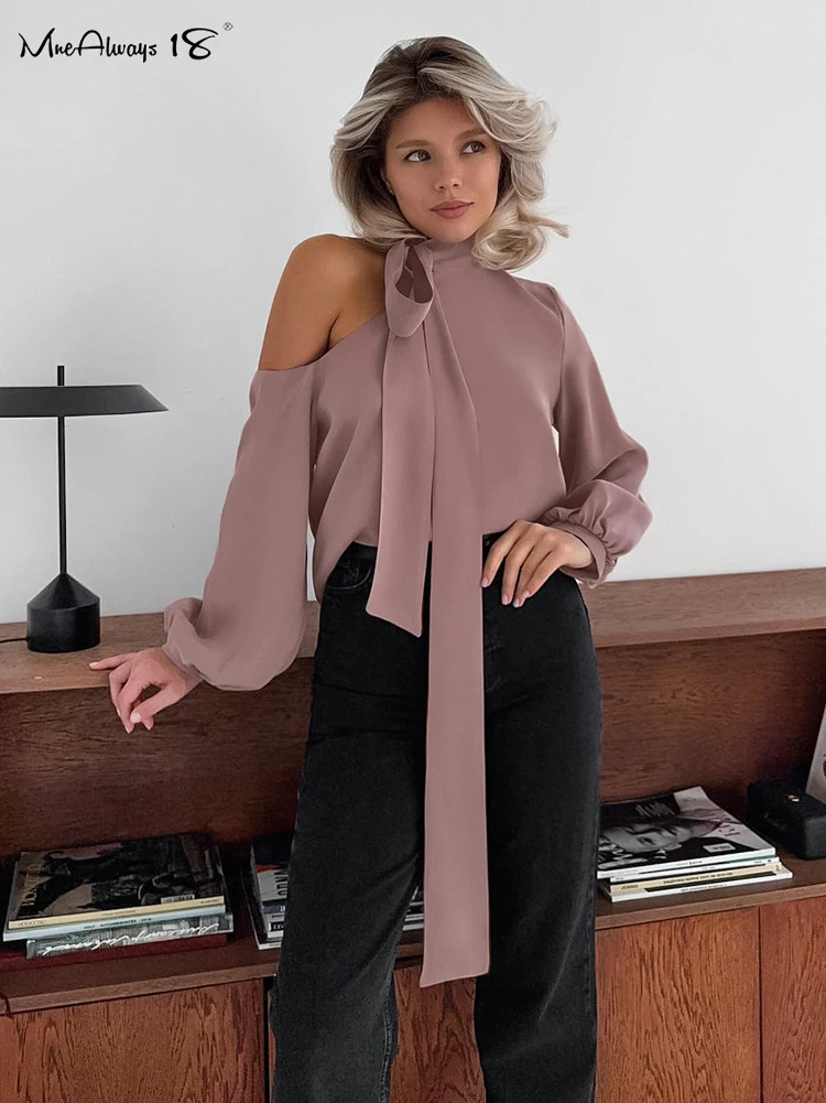 

Mnealways18 Irregular Elegant Womens Hollow Out Blouses Autumn 2024 Causal Off-The-Shoulder Office Ladies Lace-Up Shirts Pink