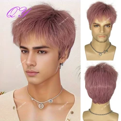 Perruque Synthétique Courte Rose Naturelle Lisse avec Frange pour Homme, Cosplay ou ix, Bonne Qualité, Taille Réglable