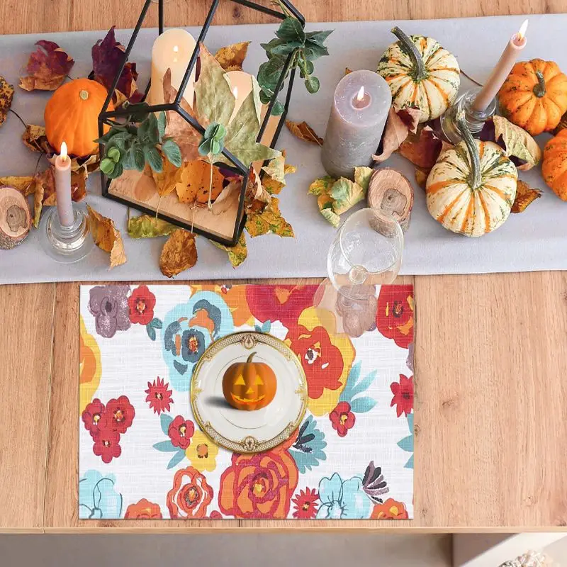 VIKAMA 2/4/6PCS Thanksgiving Farmhouse Wind Flower Meal Mat Insulation Washable Non slip Table Mat Kitchen Home Decoration