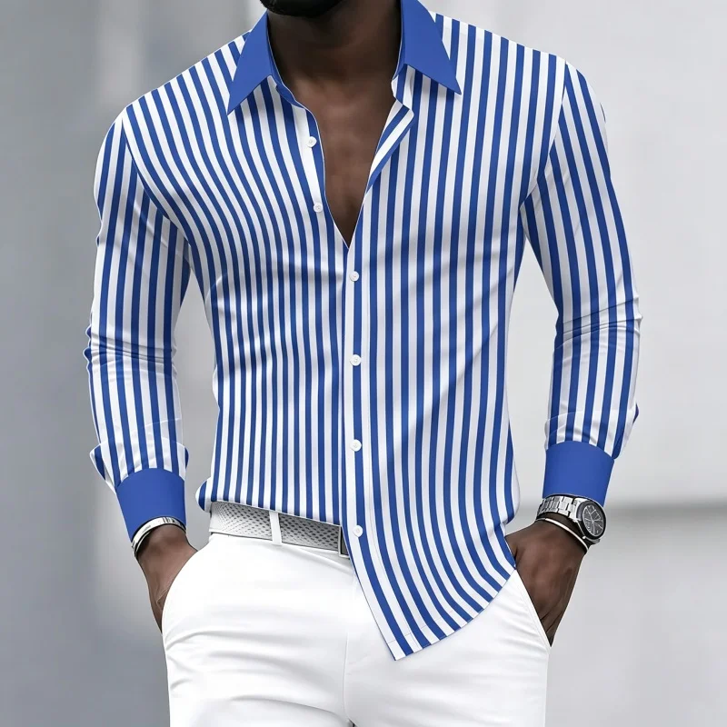 Men's long-sleeved collared shirt with black and white vertical stripes, contrasting collar and cuff design, neat and slim fit. view 5