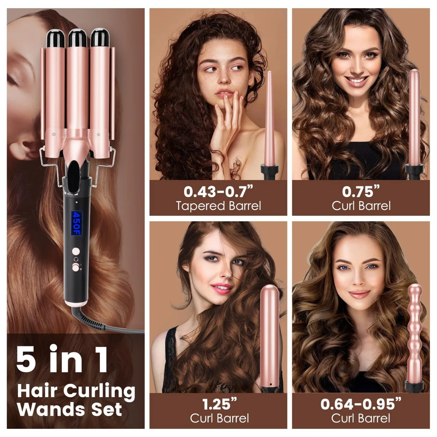 Five in one curling iron set with temperature display, 5 replaceable curling irons, suitable for all hair types (champagne gold)