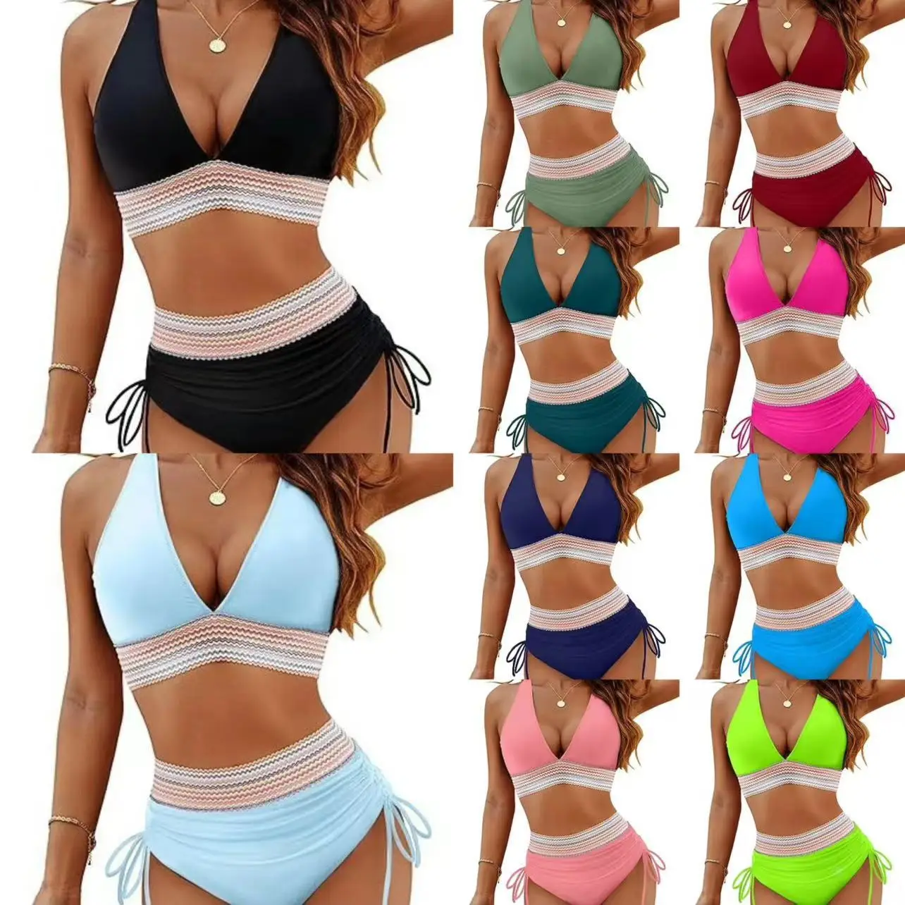 

Sexy Two Piece Bikini Set High Waist V Neck Tie String Beach Pool Push Up Swimsuit for Women Beach Party Swimming Sunbathing