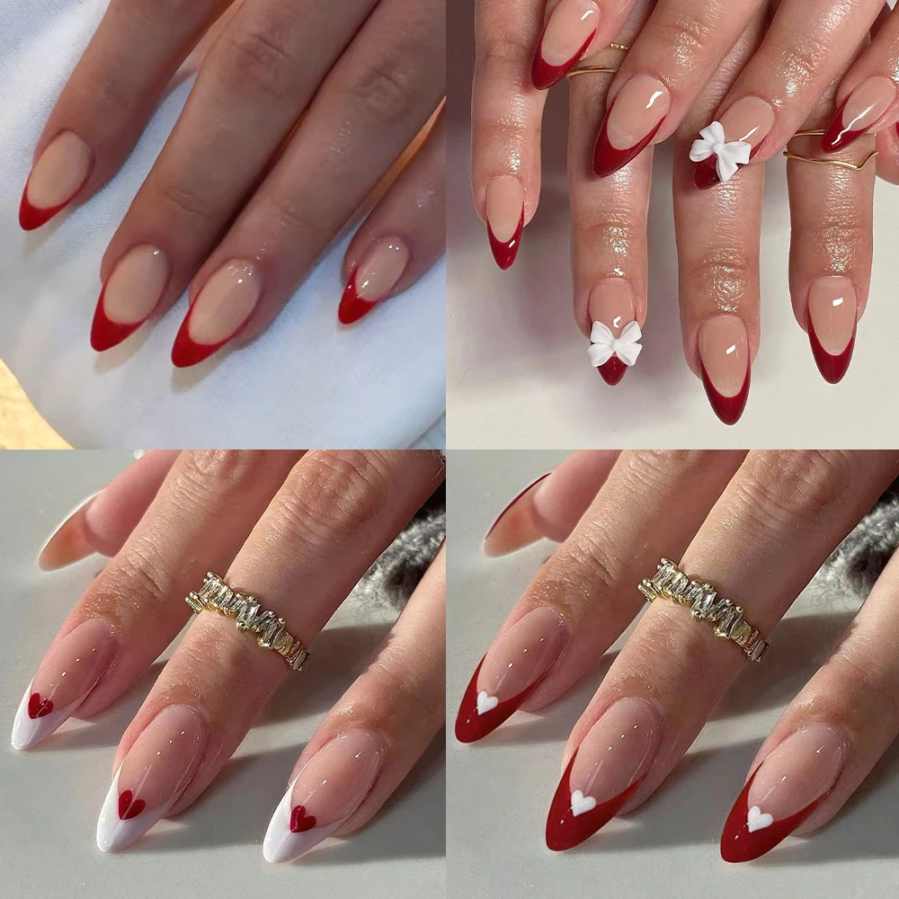 96 pezzi (quattro stili) Punte per unghie francesi con fiocco di mandorle, set perfetto per unghie finte, incluso: 1 pezzo di colla gelatinosa e 1 lima per unghie, San Valentino