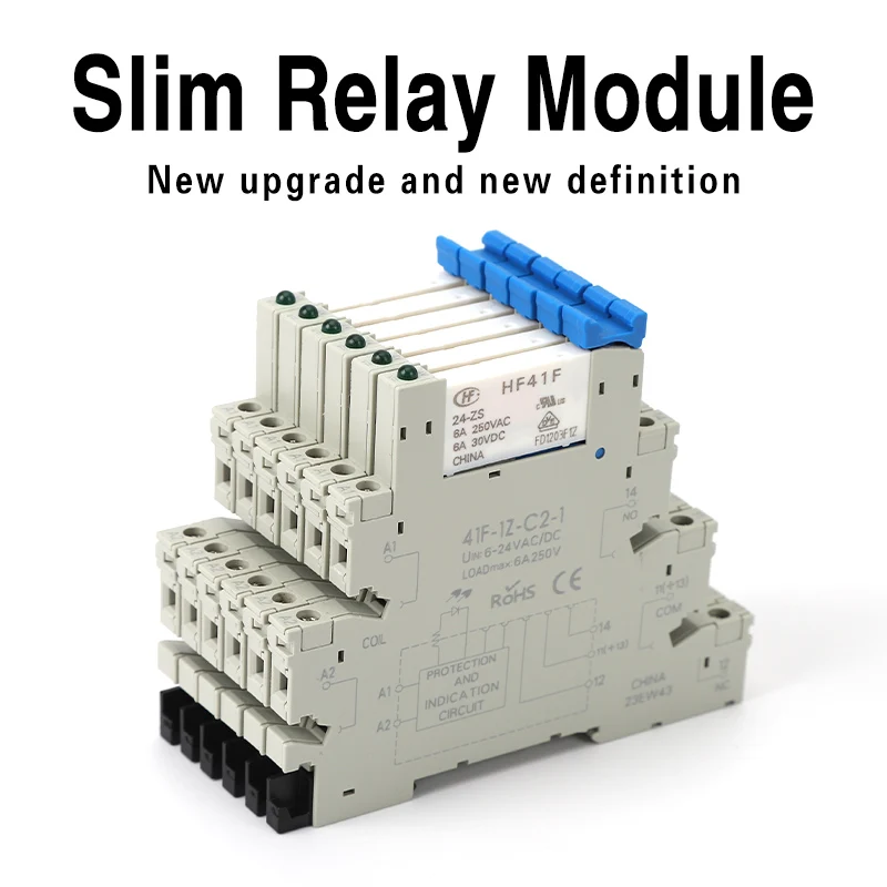 Moduł przekaźnika Din Rail Slim 41F-1Z-C2-1 Zintegrowany uchwyt PCB z uchwytem przekaźnika 12VACDC 24VACDC Gniazdo przekaźnika 6,2 mm
