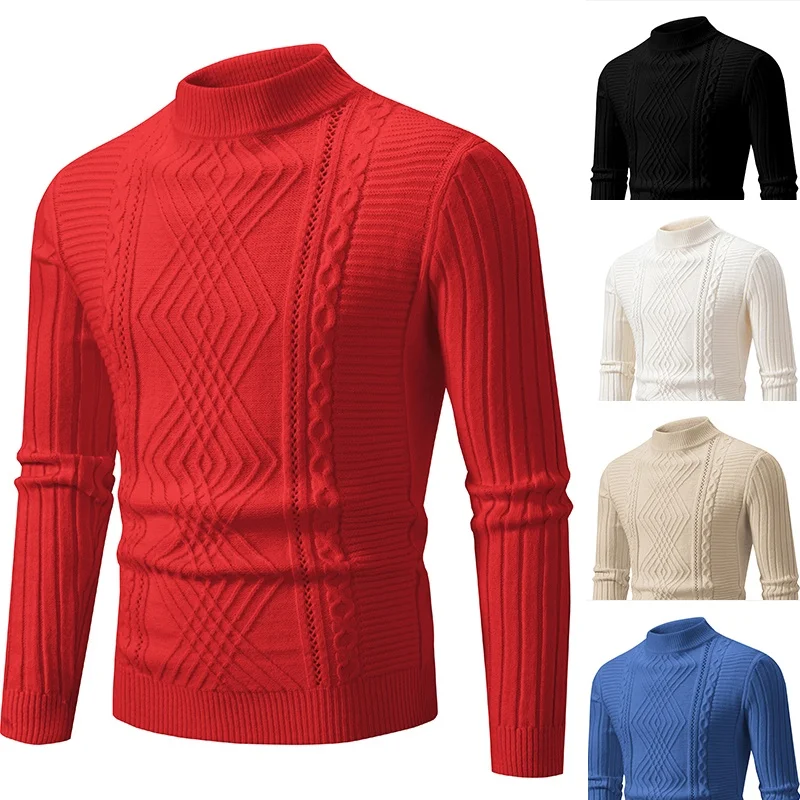 Suéteres de punto de cuello redondo de Jacquard sólido para hombres, suéteres cálidos, delgados, jersey de alta calidad, otoño e invierno, nuevo