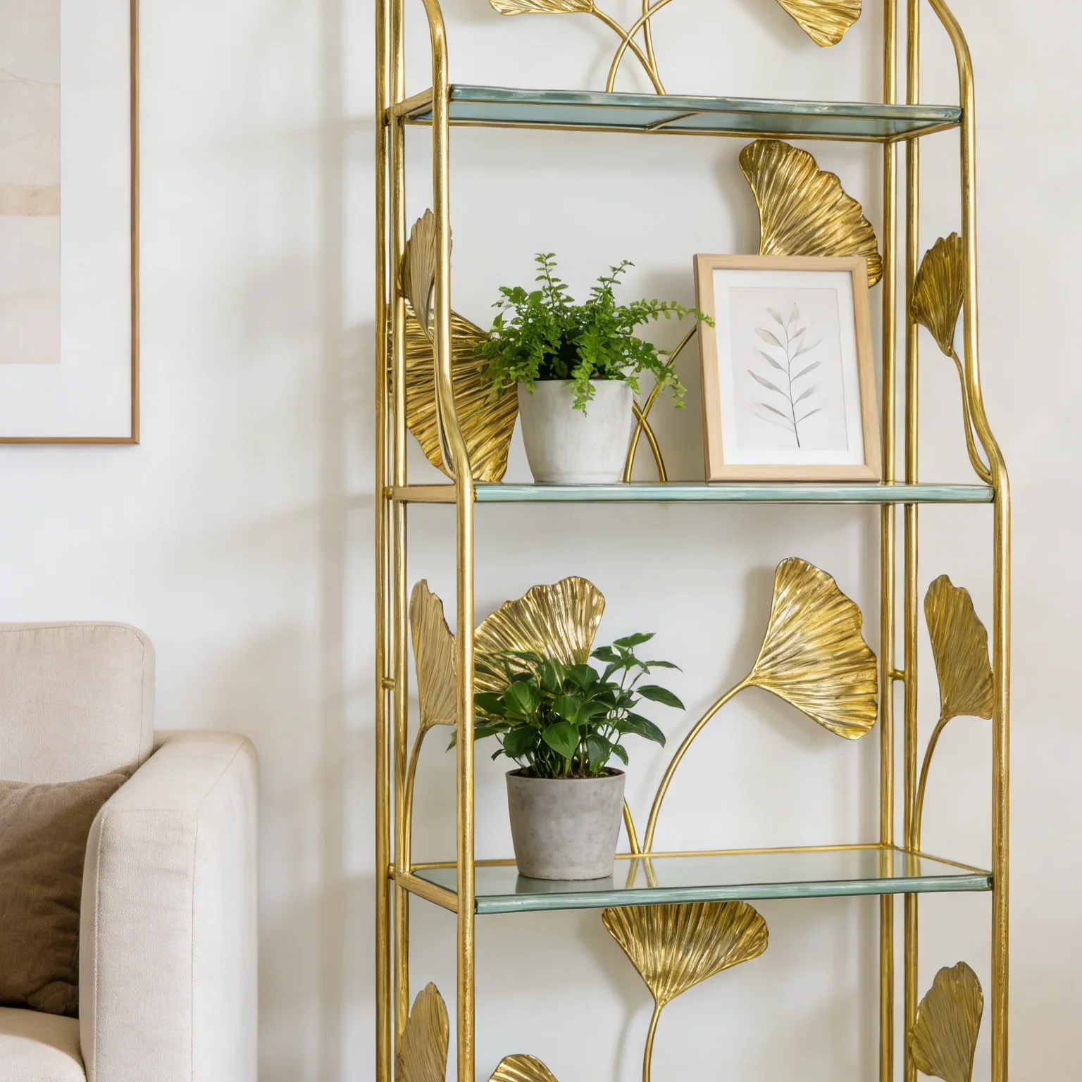European retro yellow-gold ginkgo biloba leaf flower stand floor-to-ceiling multi-layer shelf installation-free storage rack