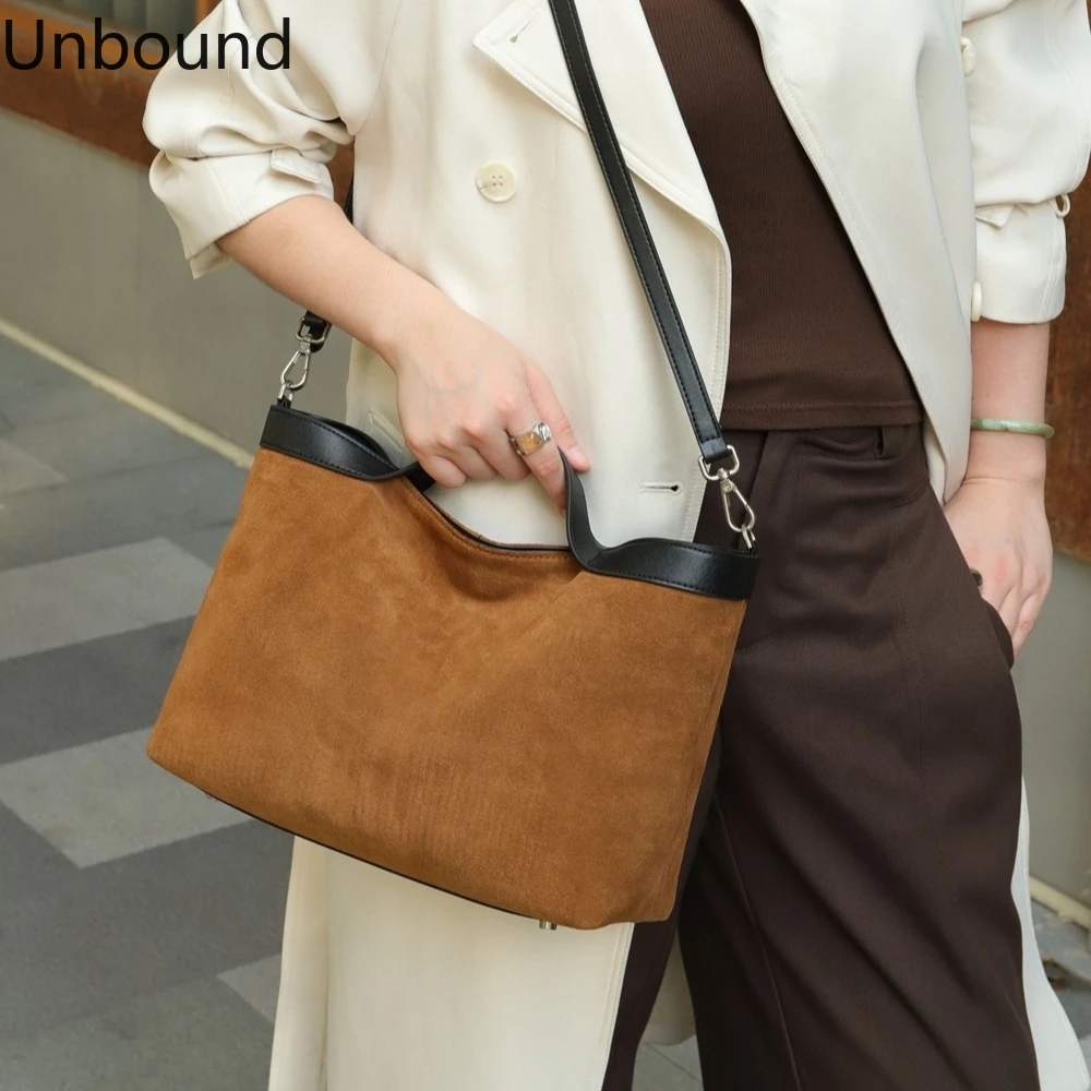 

Womens Top Grain Suede Cowhide Tote Bag Large Capacity Colorblock Shoulder Handbag Crossbody Commuter Fashion Genuine Leather
