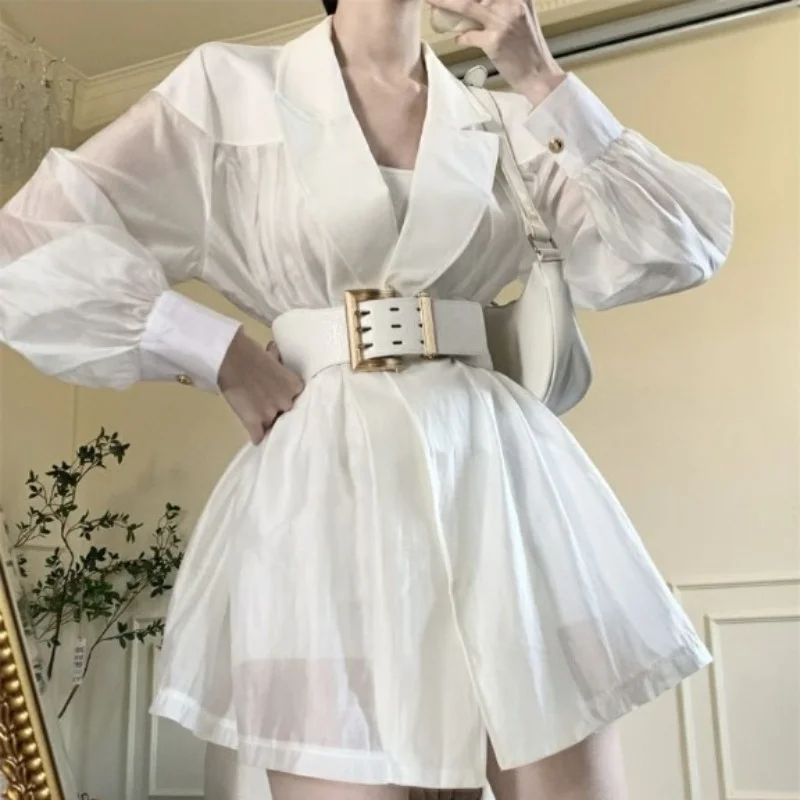 Blazers Women with Belt Defined Chic Slim Thin Breathable Summer Sexy Solid Korean Fashion Clothing Notched Overcoats Harajuku