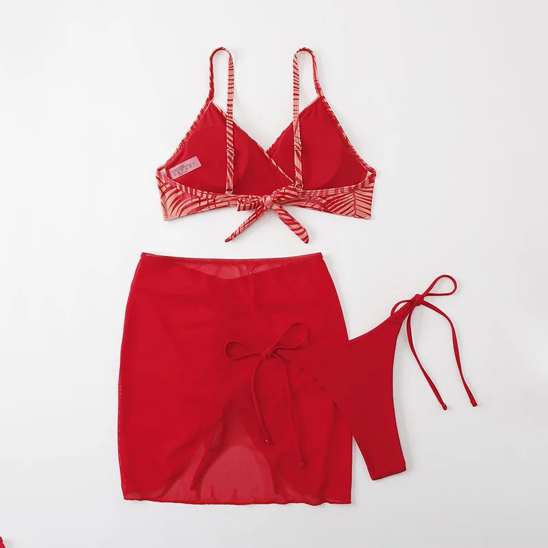 3-Piece Swimsuit Set Bathing Suit Women Swimwear  Bikini Set Woman Swimsuits Sexy Lace Up Swimsuits Printed Vest